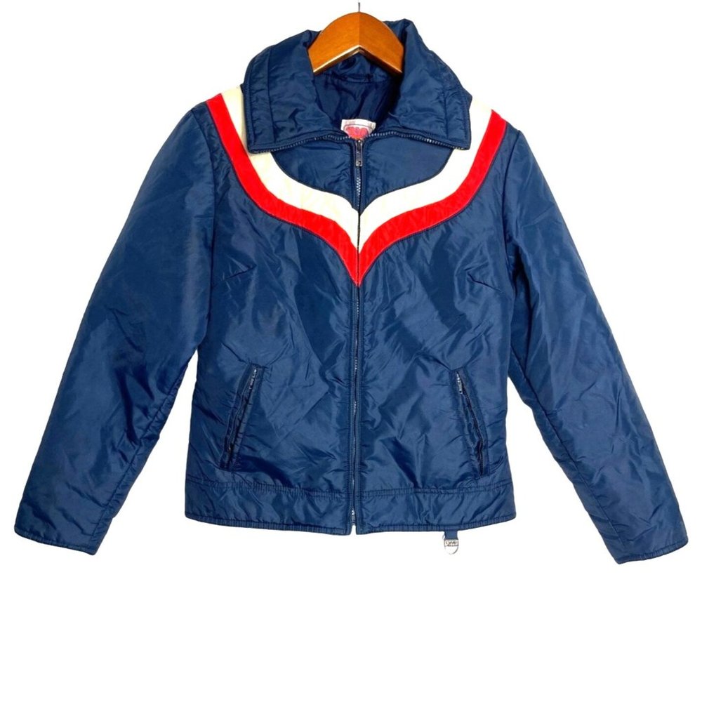 Vintage Ski Jacket Womens S/M SKYR 70s Retro Puffer Navy Blue Red White Stripe - Picture 1 of 12
